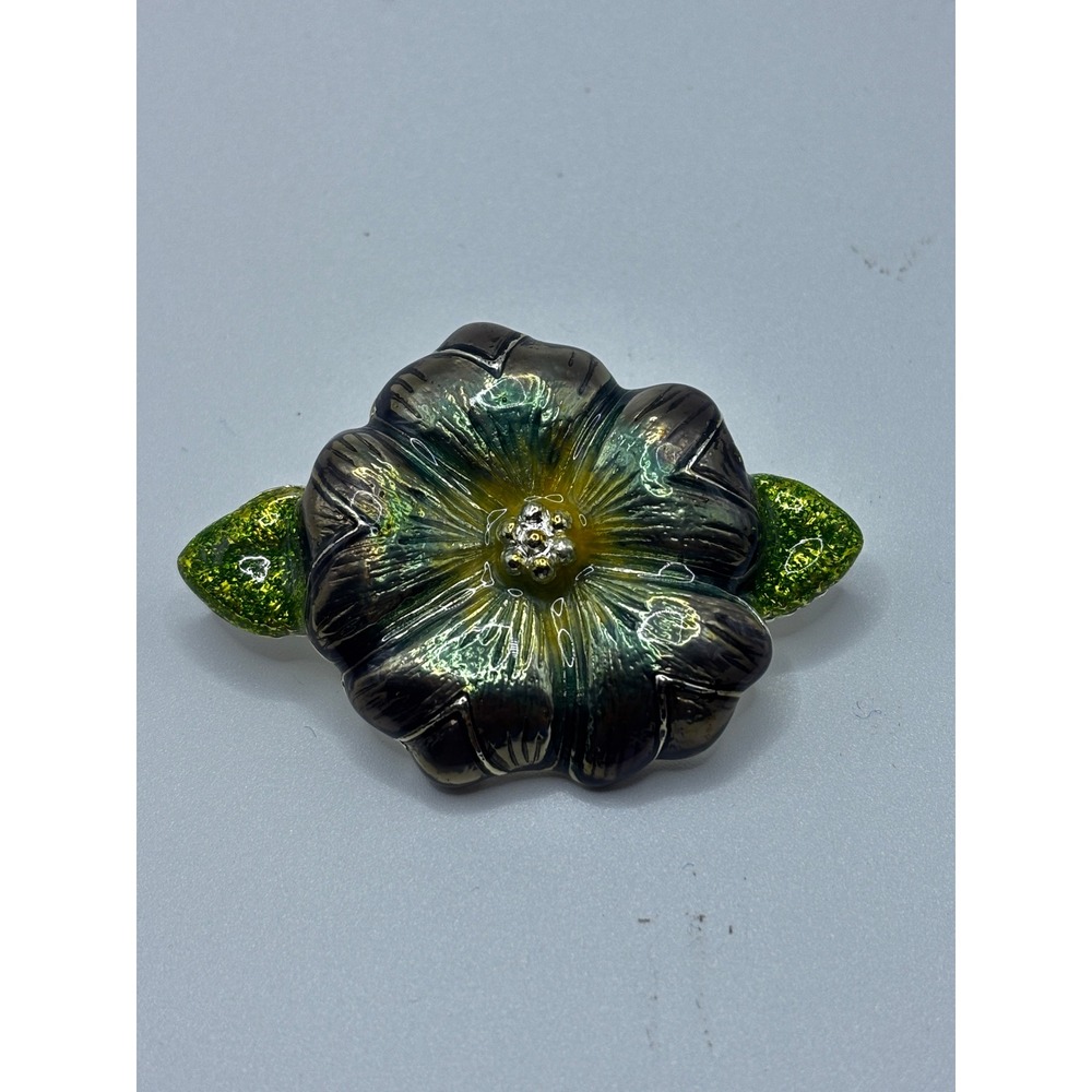 Vintage Enamel Flower Brooch Iridescent Teal Green Leaf Silver Tone Floral‎ Pin